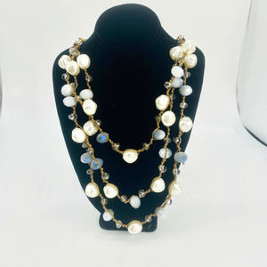 Triple Strand Hand Knotted Pearl with Faceted Iridescent Beads Necklace 24 in.
